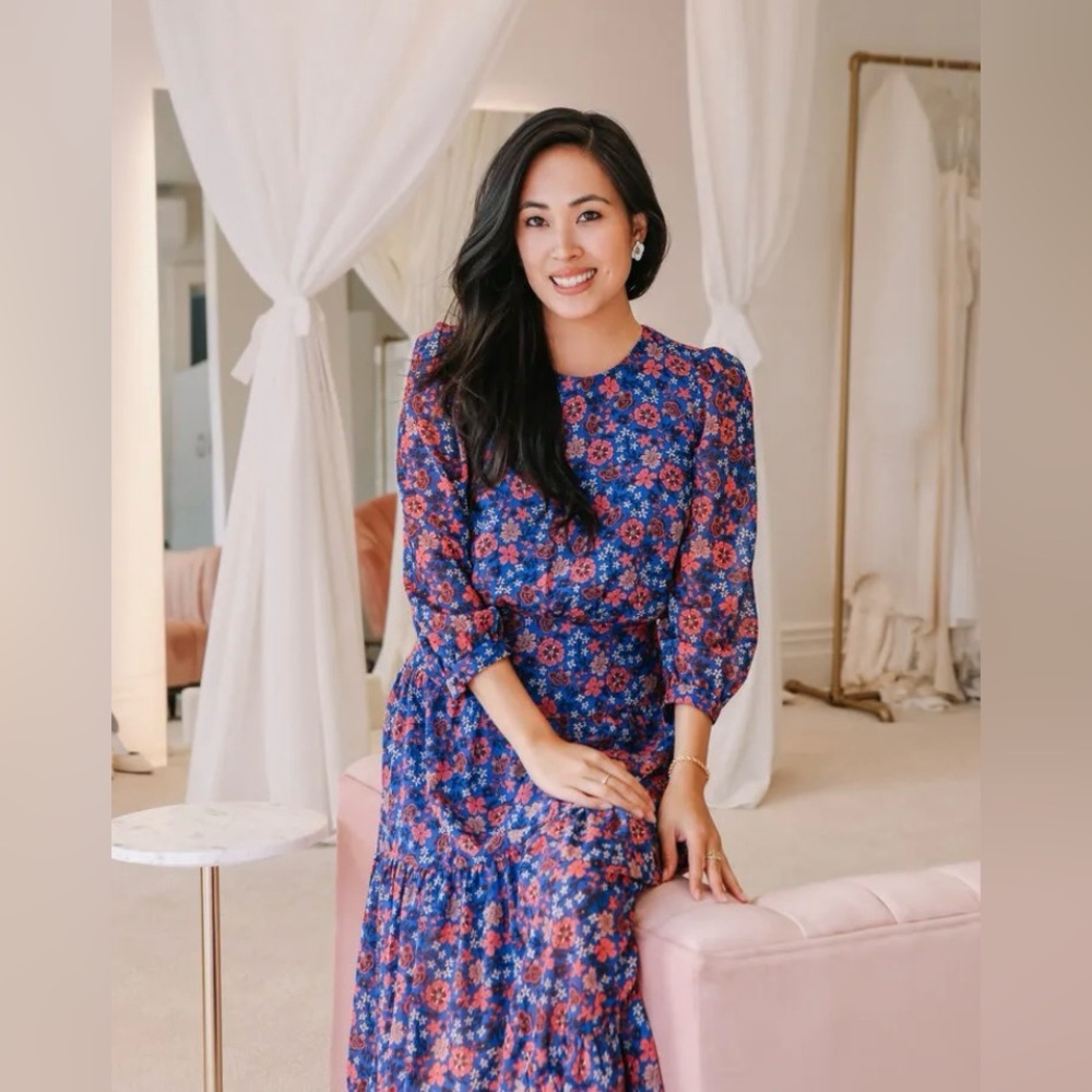 Chelsea 28 size 8 Fit and Flare floral midi long dress blue pink elbow sleeve